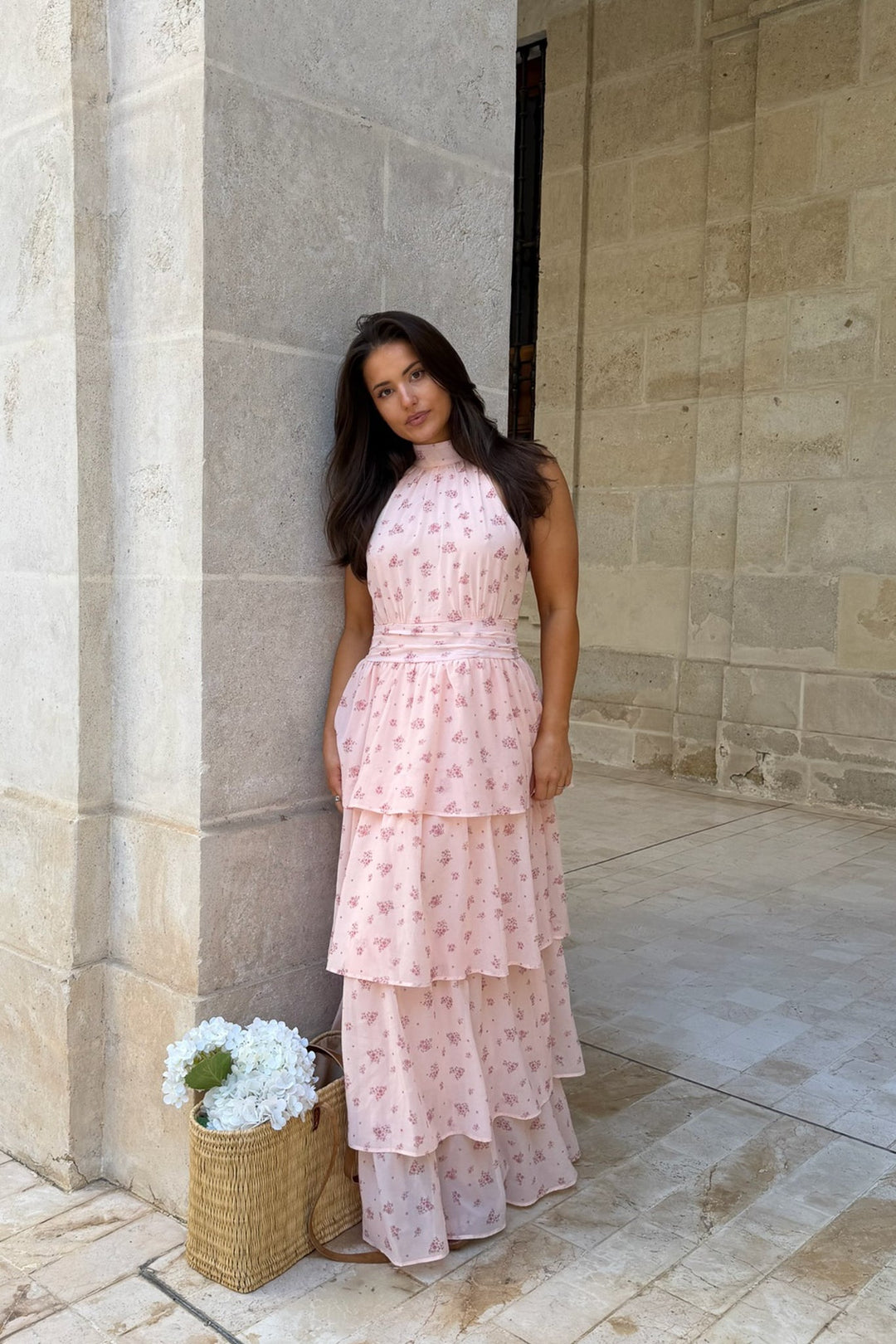 Belle Long Dress Pink Flower Print | Kjoler | Smuk