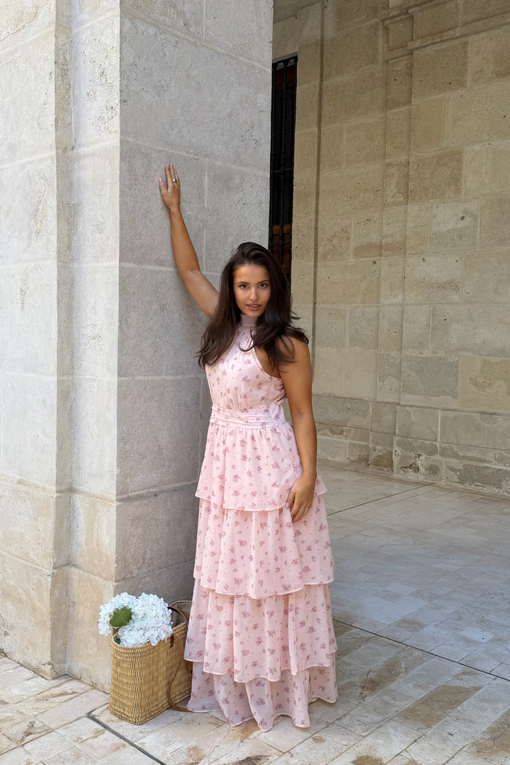Belle Long Dress Pink Flower Print | Kjoler | Smuk