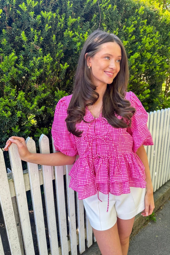 Boxy Bow Top Hot Pink Check | Topper | Smuk - Dameklær på nett