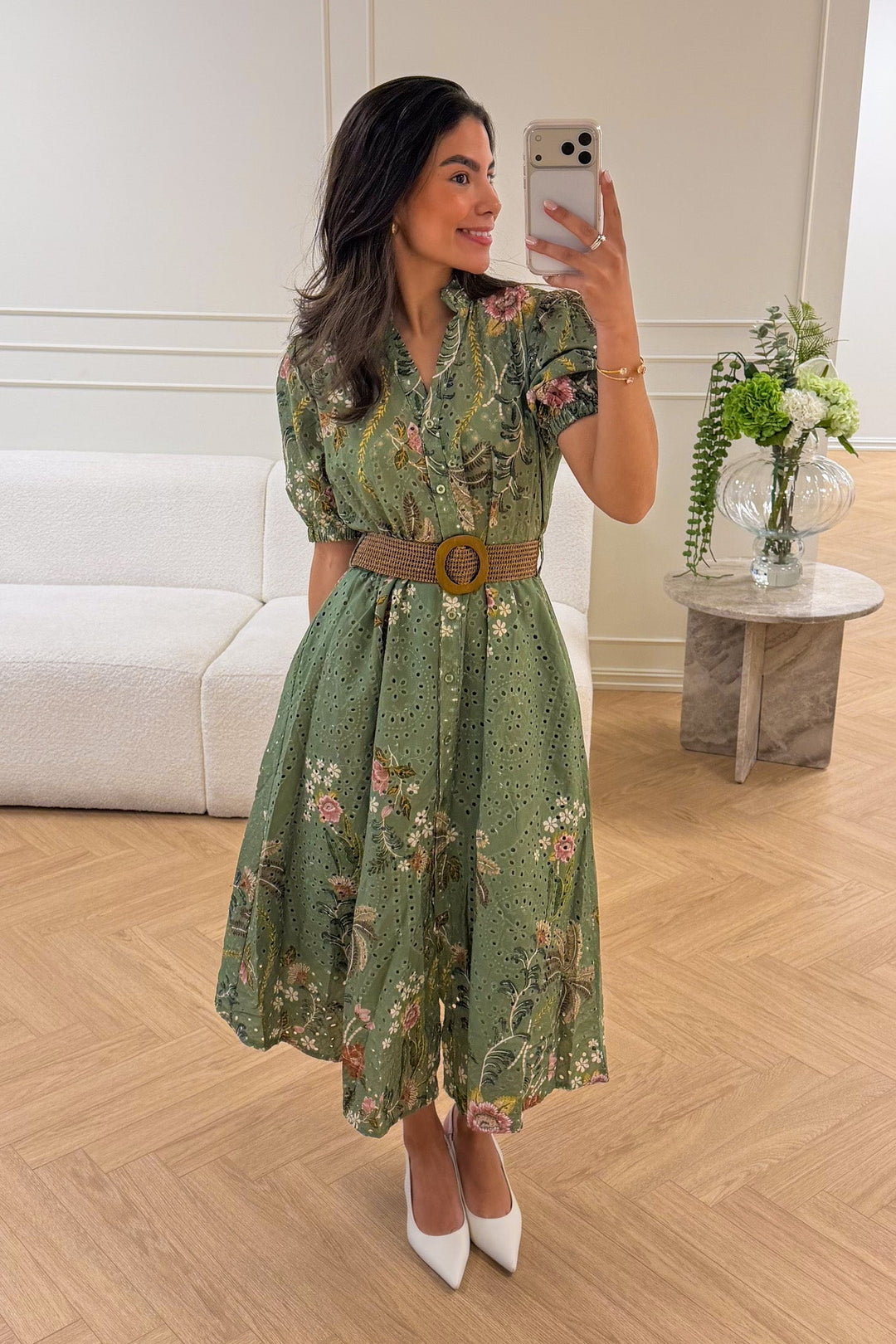 Broderie Anglaise Midi Dress Green | Kjoler | Smuk