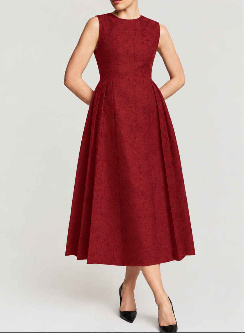 Brocade Pleated Midi Dress Cherry