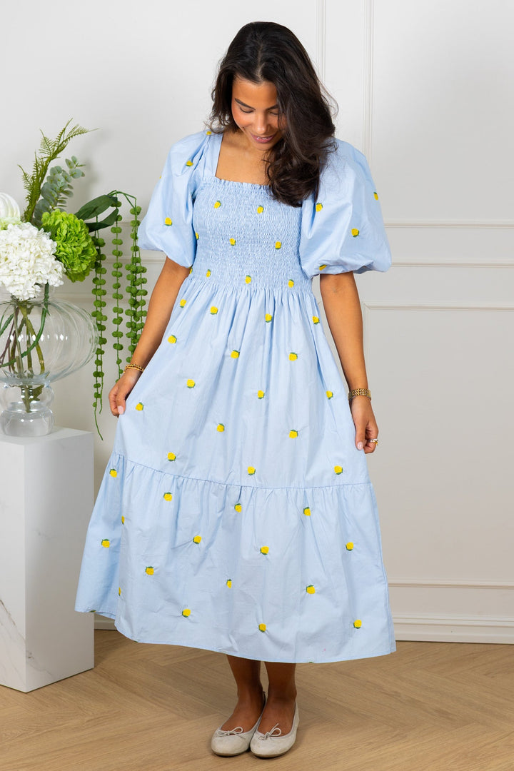 Cheri Fruit Dress Light Blue/Yellow | Kjoler | Smuk