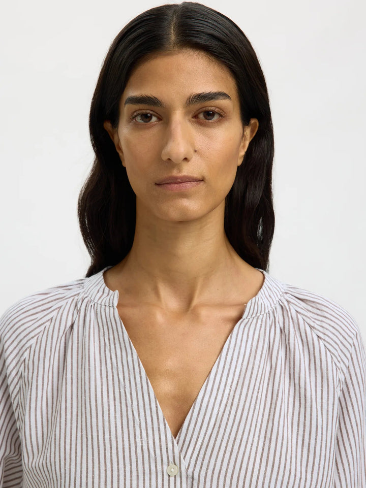 Cleo - Alberta Linen Blend Shirt Bright White Chocolate Chip | Skjorter og bluser | Smuk
