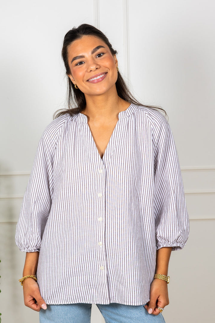 Cleo - Alberta Linen Blend Shirt Bright White Chocolate Chip | Skjorter og bluser | Smuk