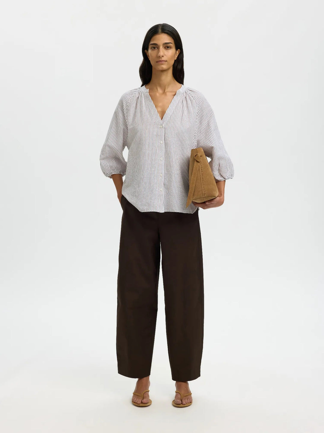 Cleo - Alberta Linen Blend Shirt Bright White Chocolate Chip | Skjorter og bluser | Smuk