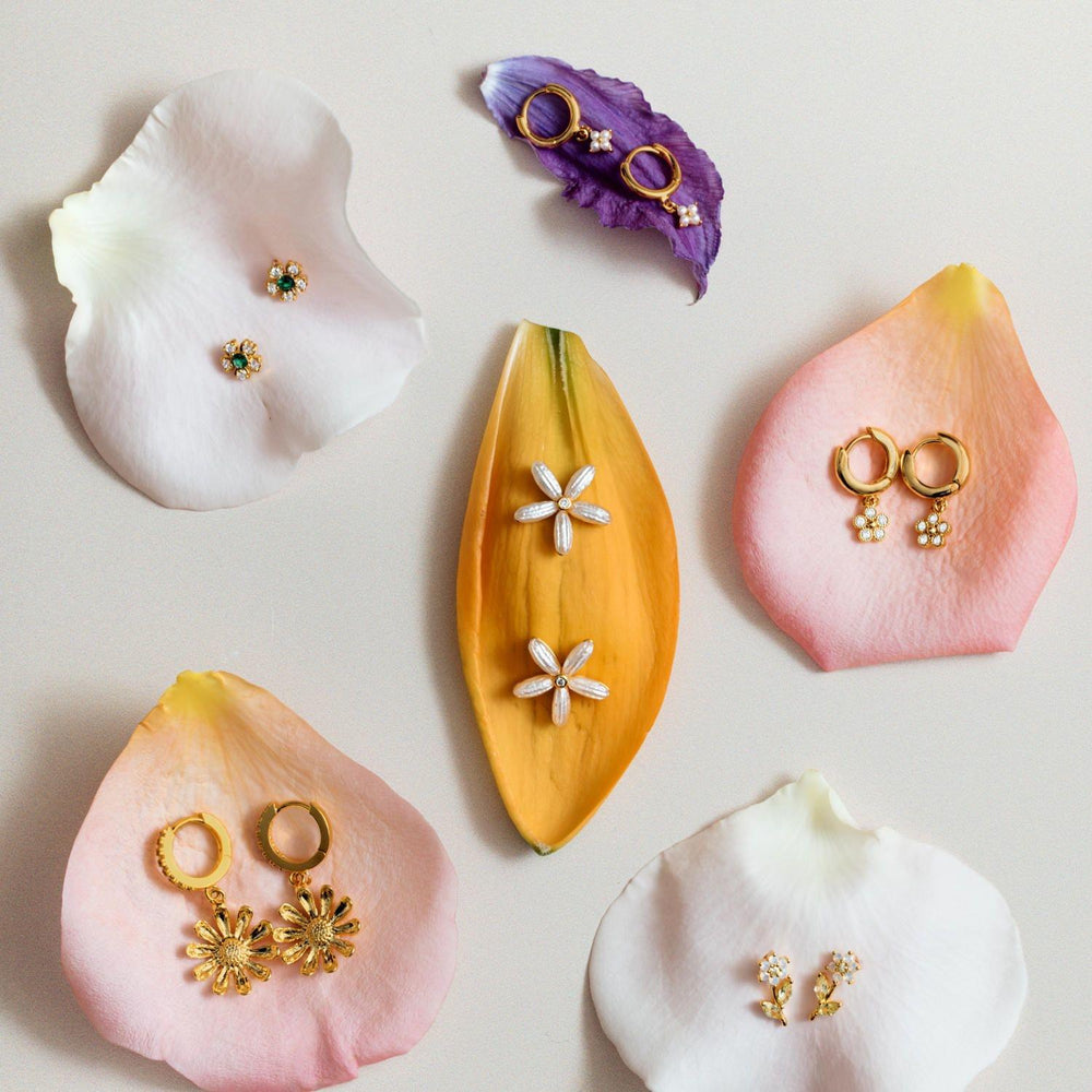 Crystal Flower Drop Huggie Hoop Earrings Pale Gold | Accessories | Smuk
