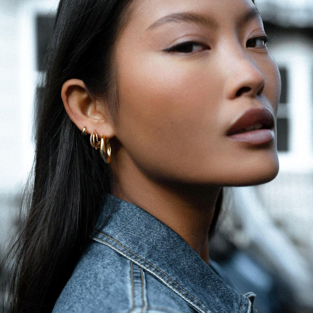 Mixed Pave Triple Illusion Hoop Earrings Pale Gold