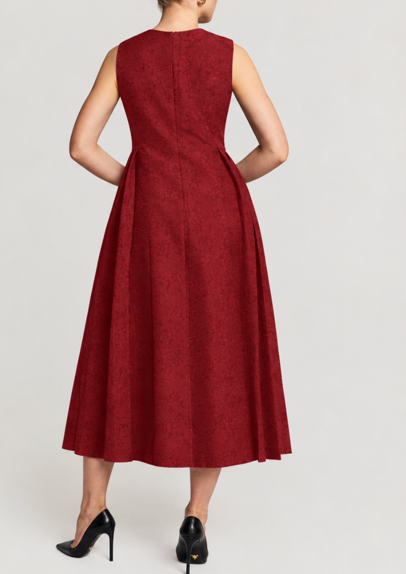 Brocade Pleated Midi Dress Cherry