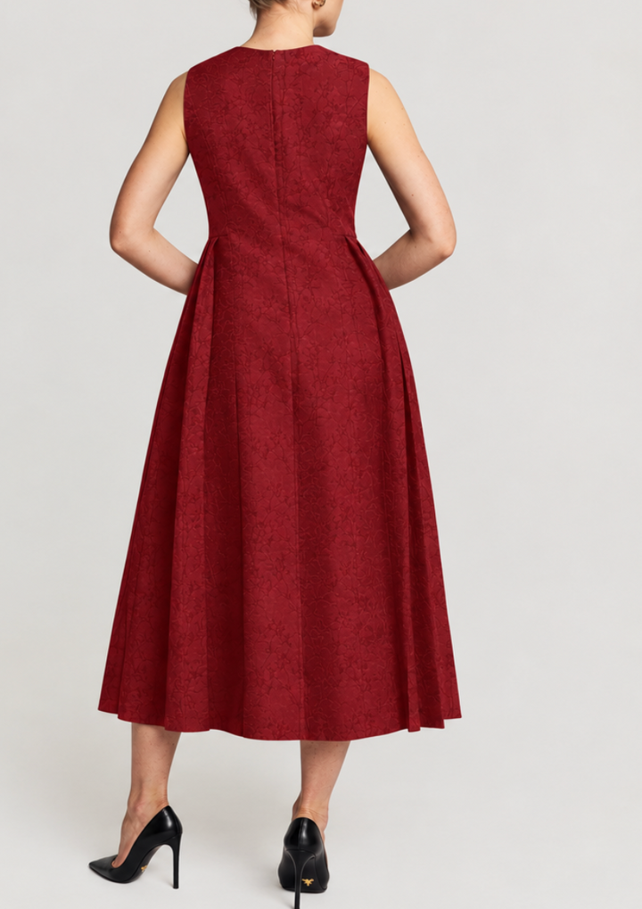Brocade Pleated Midi Dress Cherry