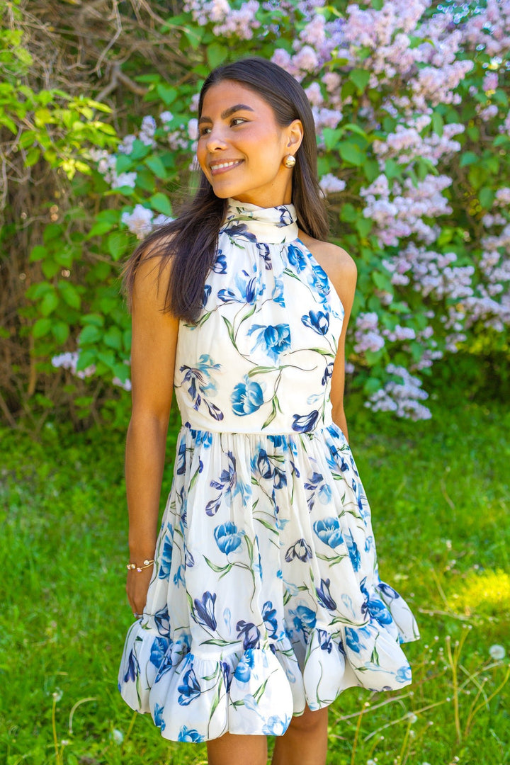 Fern Halterneck Ruffled Mini Dress Tulip Blue | Kjoler | Smuk
