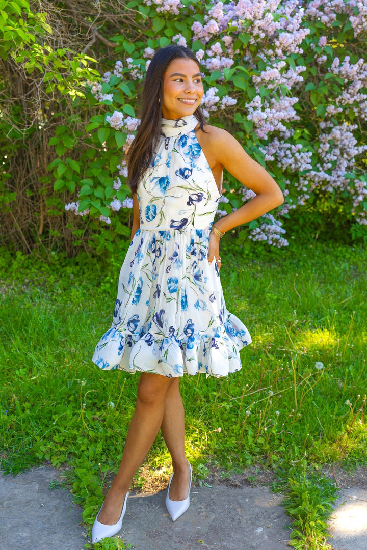 Fern Halterneck Ruffled Mini Dress Tulip Blue | Kjoler | Smuk