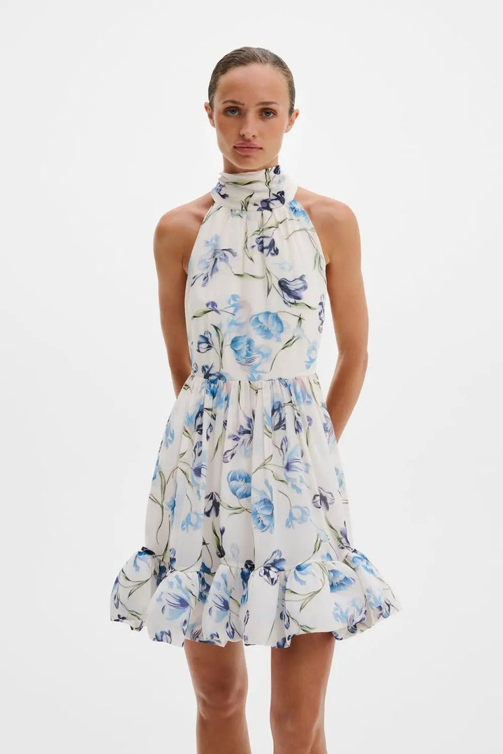 Fern Halterneck Ruffled Mini Dress Tulip Blue | Kjoler | Smuk