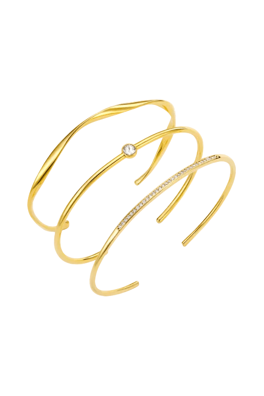 Fine Crystal & Wave Bangle Stacking Set Pale Gold | Accessories | Smuk