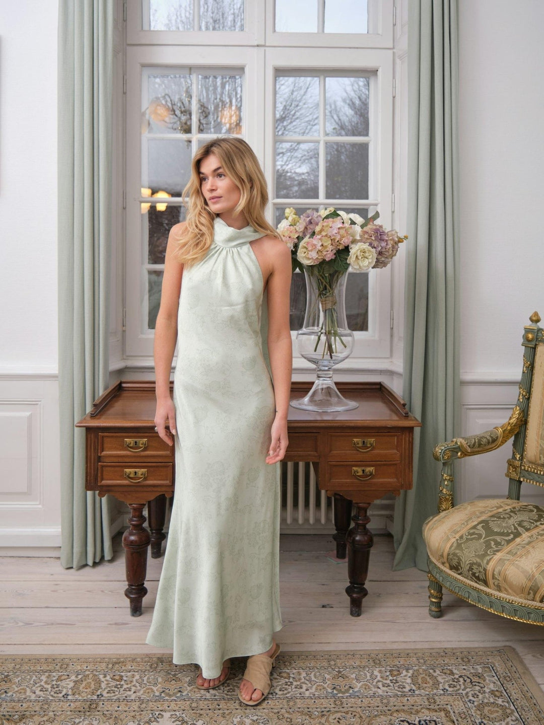 Fiona Pattern Satin Dress Light Green | Kjoler | Smuk