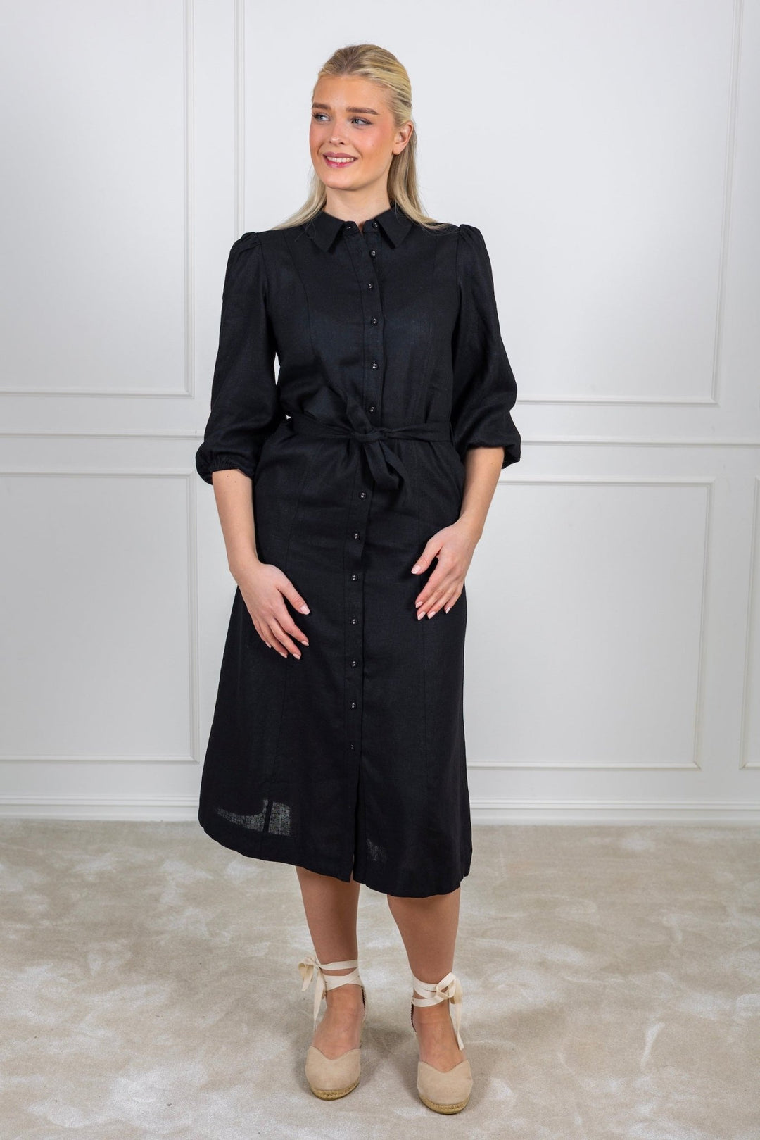 Flaxy 3/4 Linen Shirt Dress Black | Kjoler | Smuk - Dameklær på nett