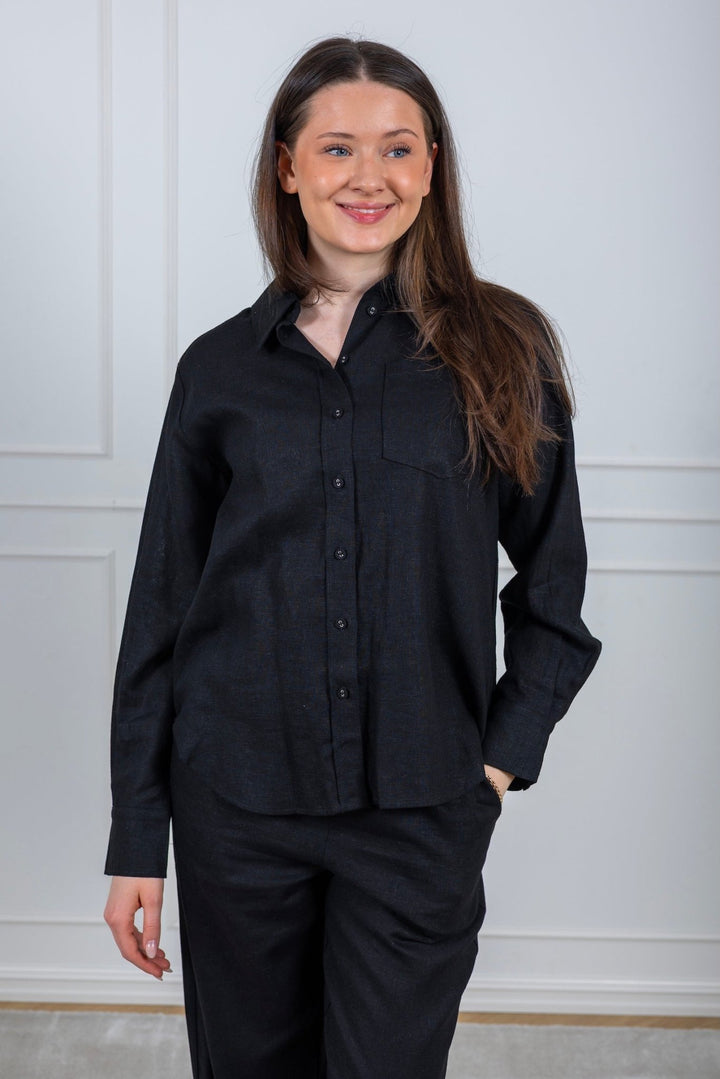 Flaxy Ls Linen Shirt Black | Skjorter og bluser | Smuk - Dameklær på nett