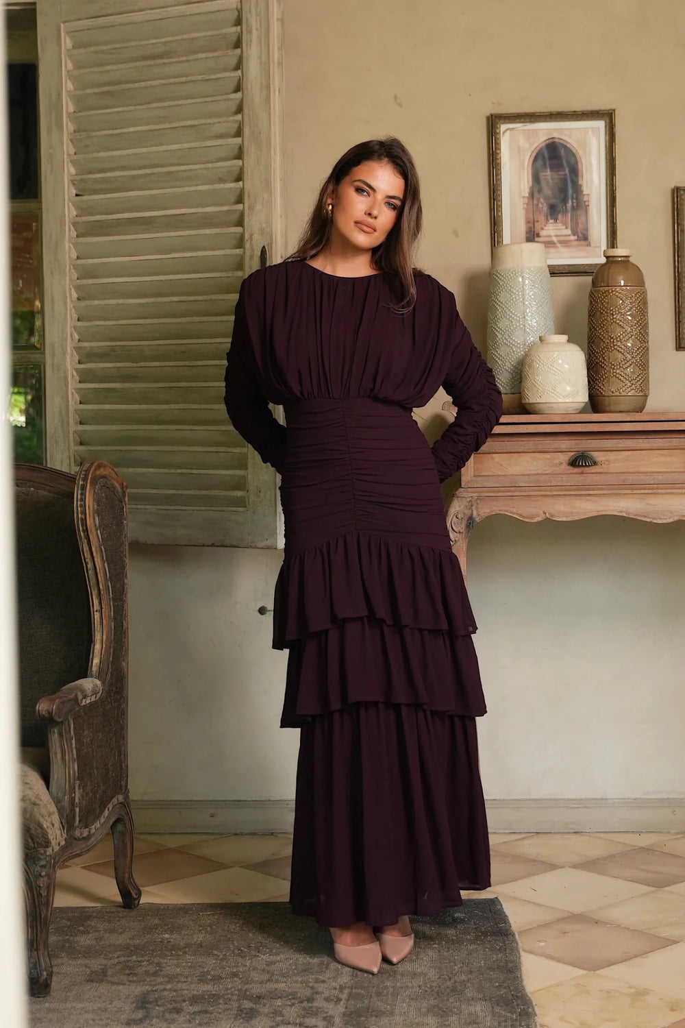 Jessie Long Sleeve Maxi Dress Burgundy | Kjoler | Smuk