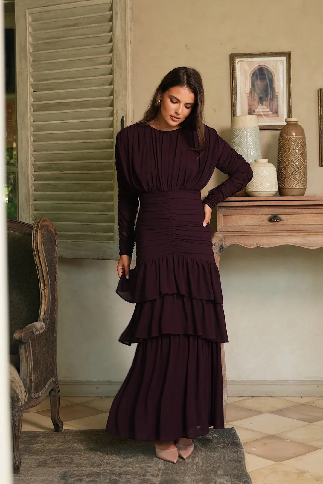 Jessie Long Sleeve Maxi Dress Burgundy | Kjoler | Smuk
