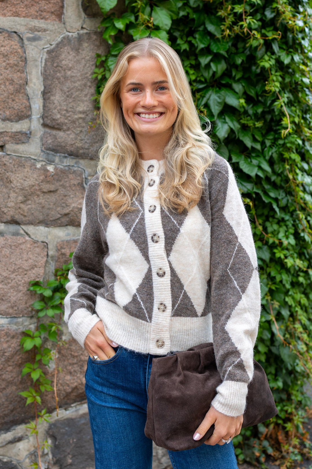 Johi Ls Wool Blend Cardigan Oatmeal Taupe Gray + Pristine Harlequin | Genser | Smuk