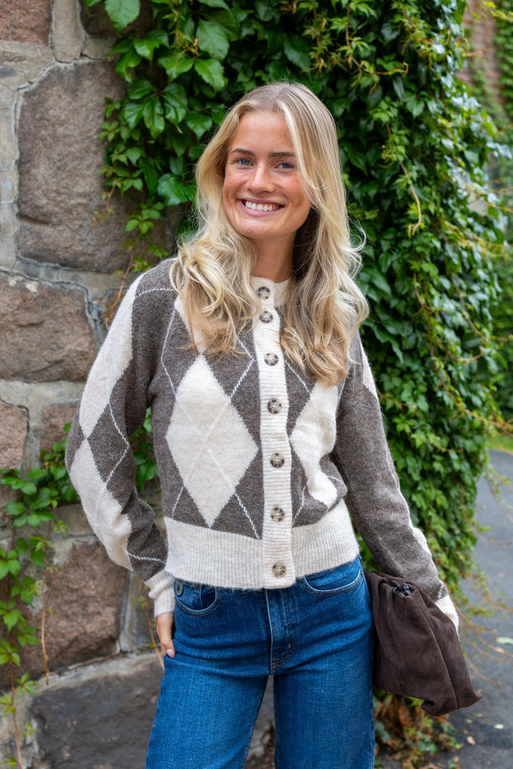 Johi Ls Wool Blend Cardigan Oatmeal Taupe Gray + Pristine Harlequin | Genser | Smuk