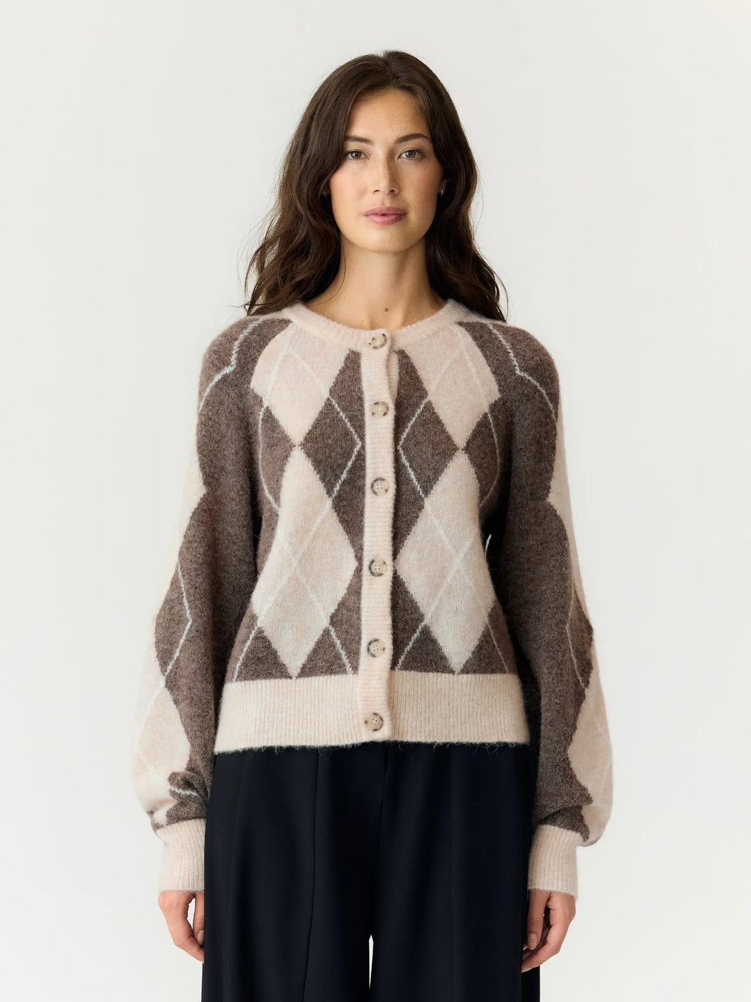 Johi Ls Wool Blend Cardigan Oatmeal Taupe Gray + Pristine Harlequin | Genser | Smuk