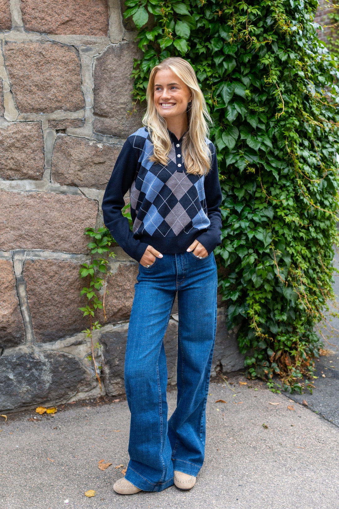 Julina Check Knit Blouse Navy | Genser | Smuk
