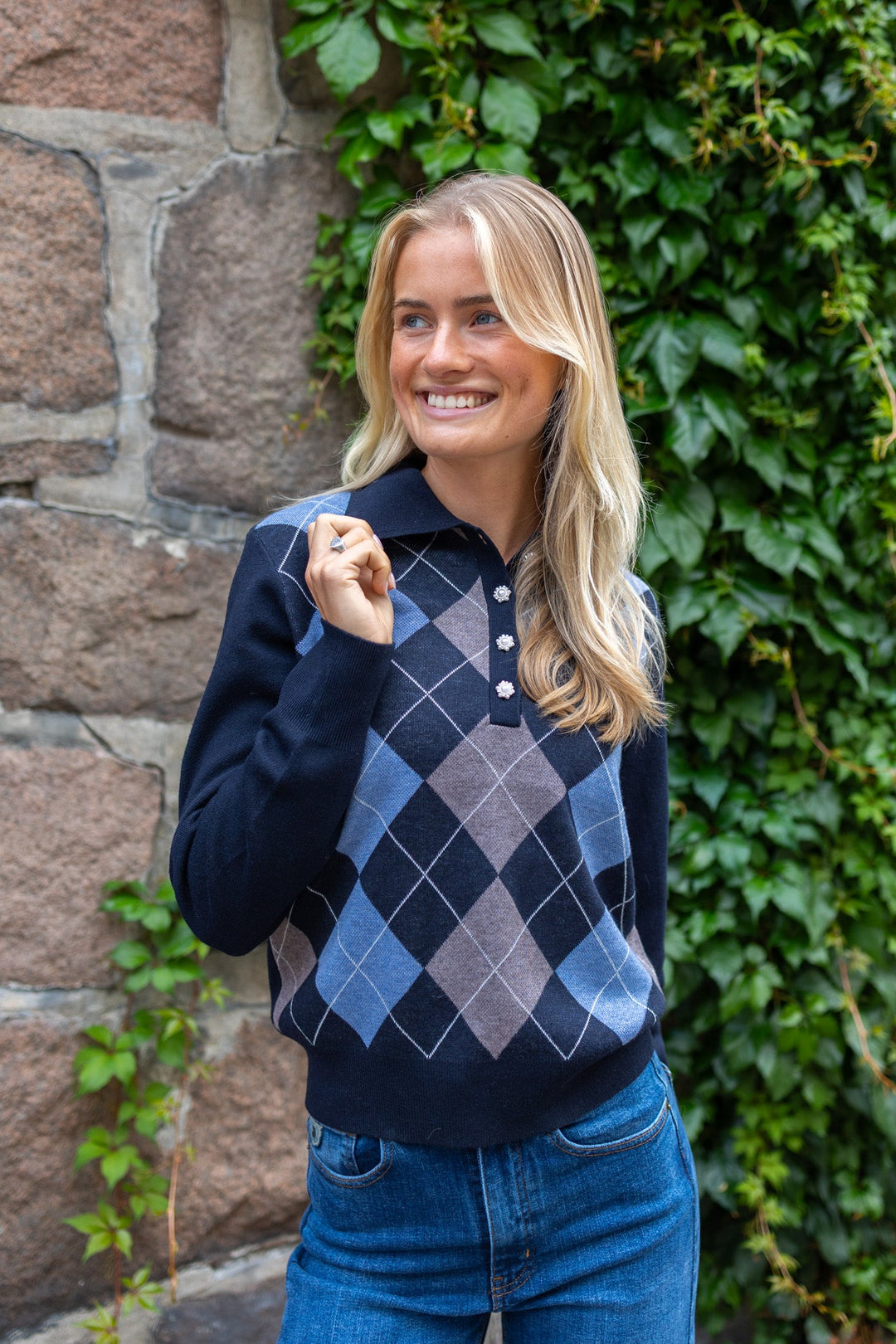 Julina Check Knit Blouse Navy | Genser | Smuk