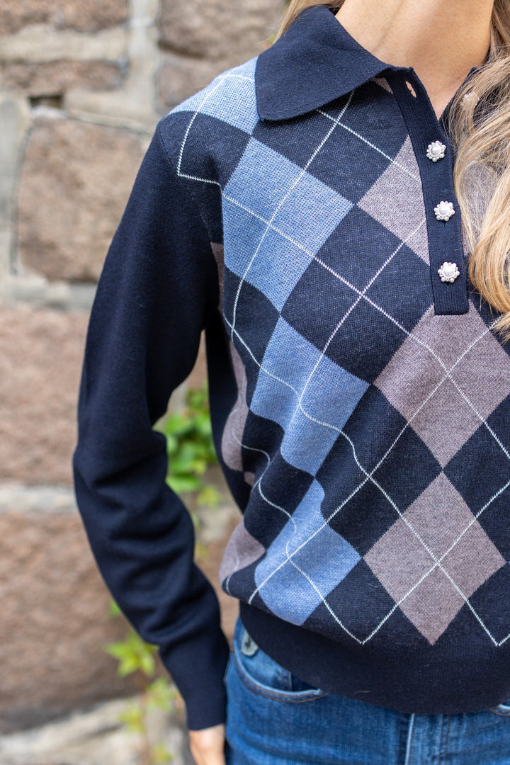 Julina Check Knit Blouse Navy | Genser | Smuk