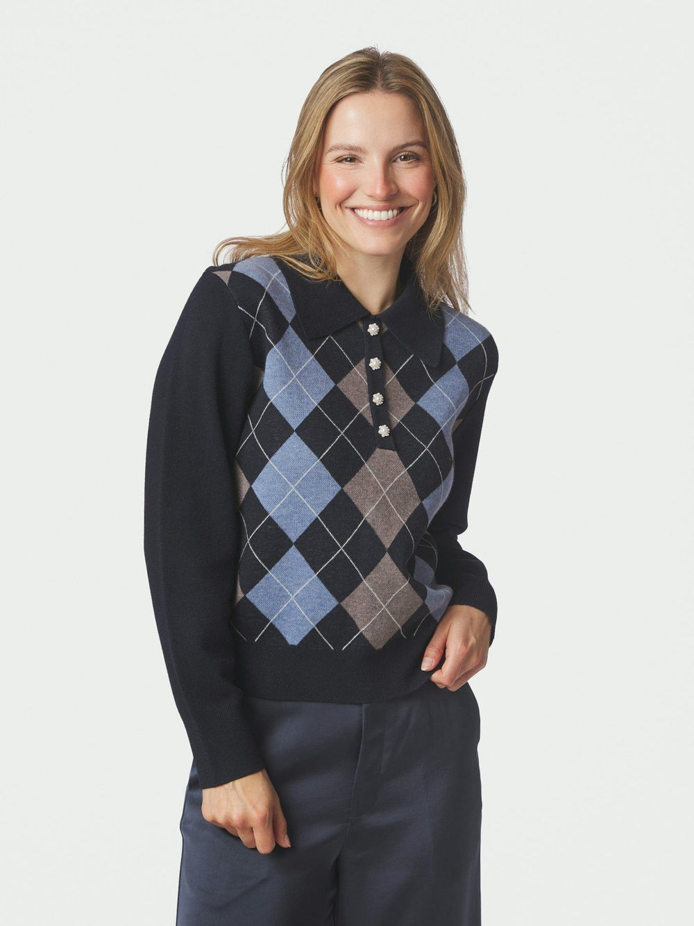 Julina Check Knit Blouse Navy | Genser | Smuk