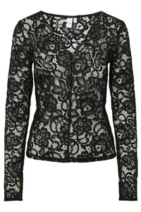 Lacey Ls V-Neck Lace Top Black