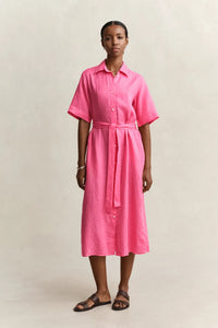 Linen Ss Shirt Dress Bright Fuschia