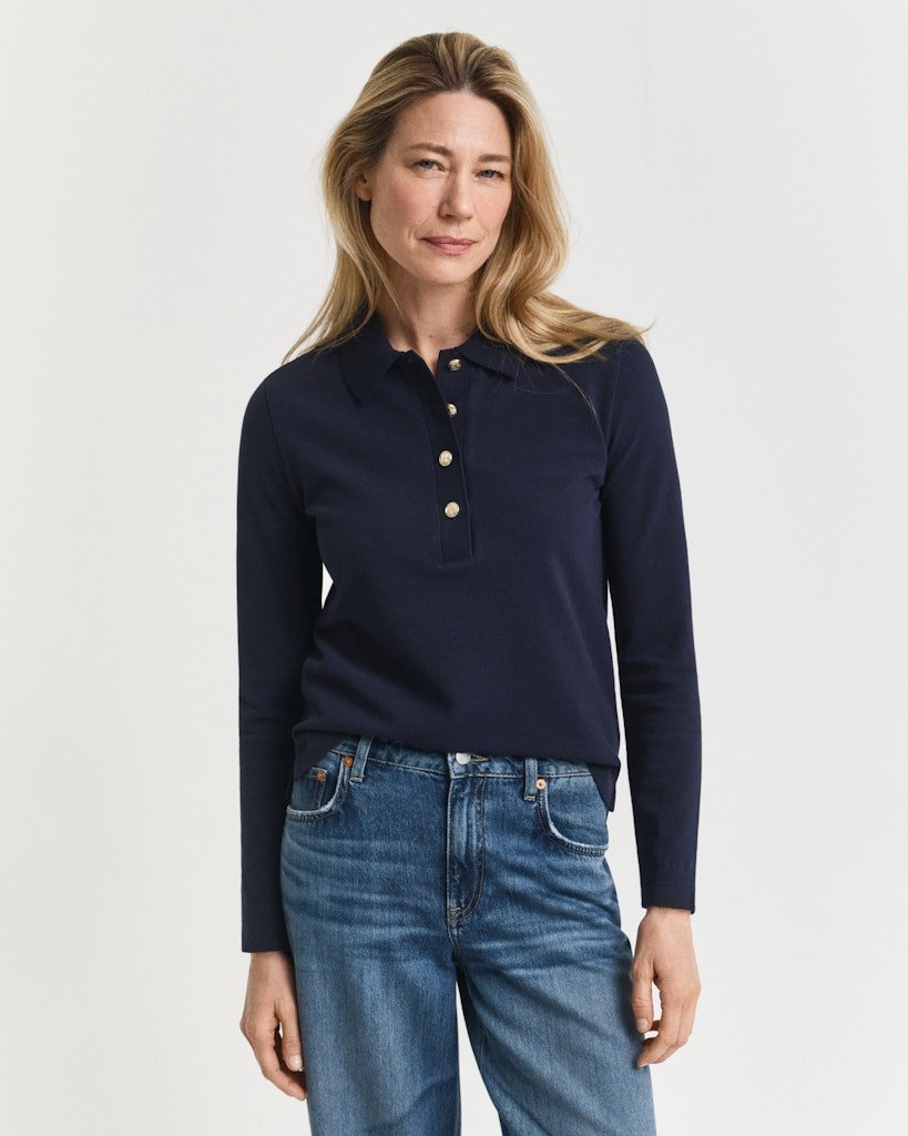 Long Sleeve Piqué Polo Shirt Evening Blue | Genser | Smuk - Dameklær på nett