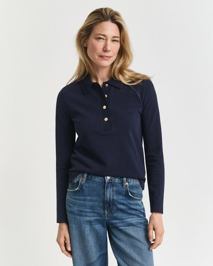 Long Sleeve Piqué Polo Shirt Evening Blue | Genser | Smuk - Dameklær på nett