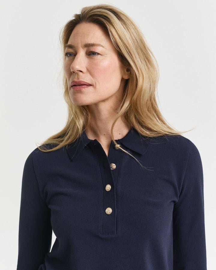 Long Sleeve Piqué Polo Shirt Evening Blue | Genser | Smuk - Dameklær på nett