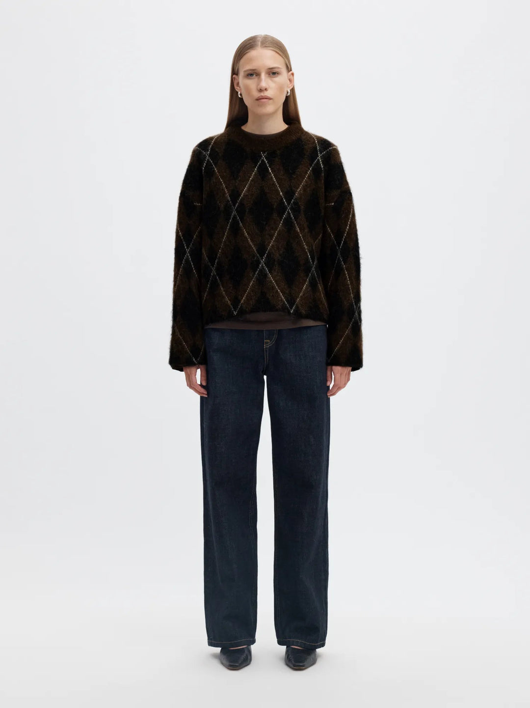 Lulu Brushed Argyle Knit O-Neck Delicioso Black + Birch | Genser | Smuk
