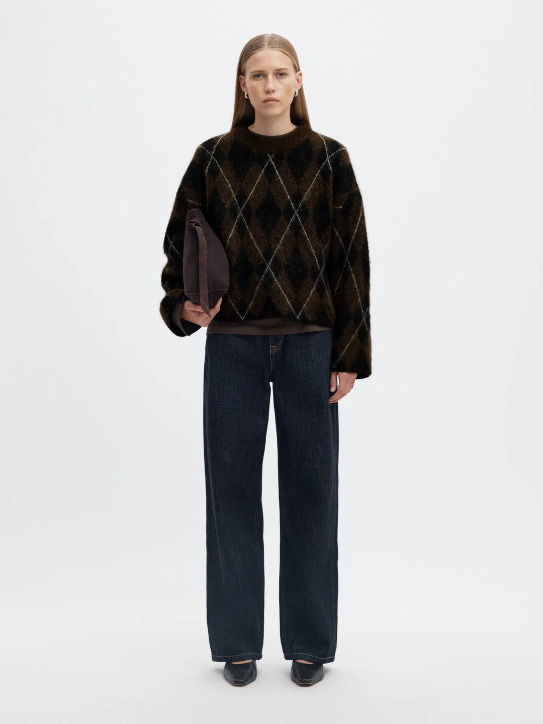 Lulu Brushed Argyle Knit O-Neck Delicioso Black + Birch | Genser | Smuk