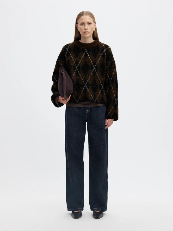Lulu Brushed Argyle Knit O-Neck Delicioso Black + Birch | Genser | Smuk