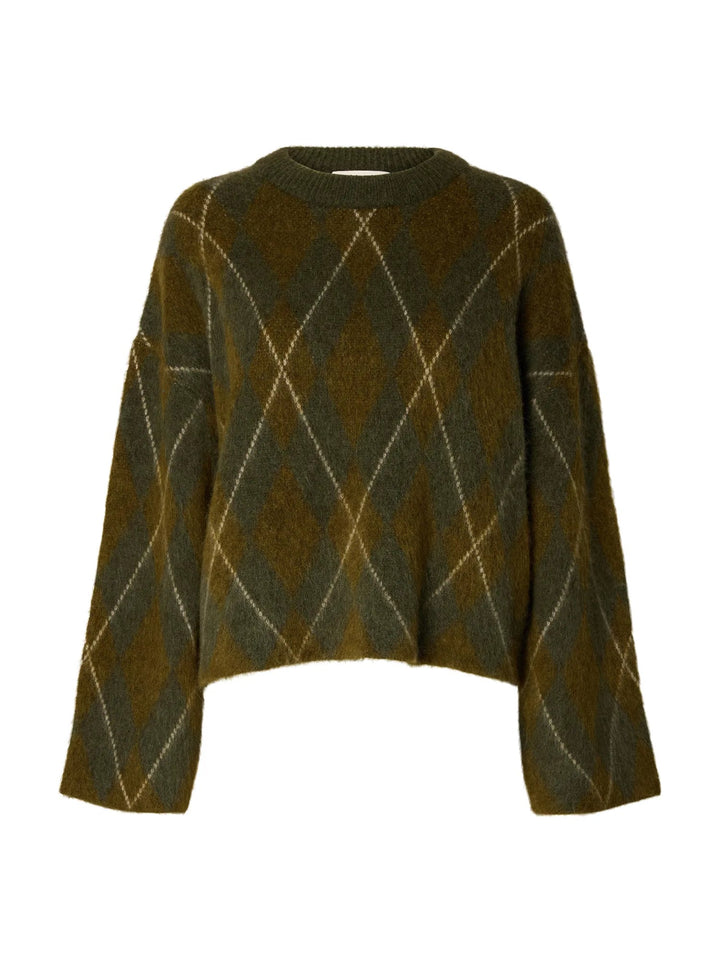 Lulu Brushed Argyle Knit O-Neck Kalamata Fir Green + Birch | Genser | Smuk