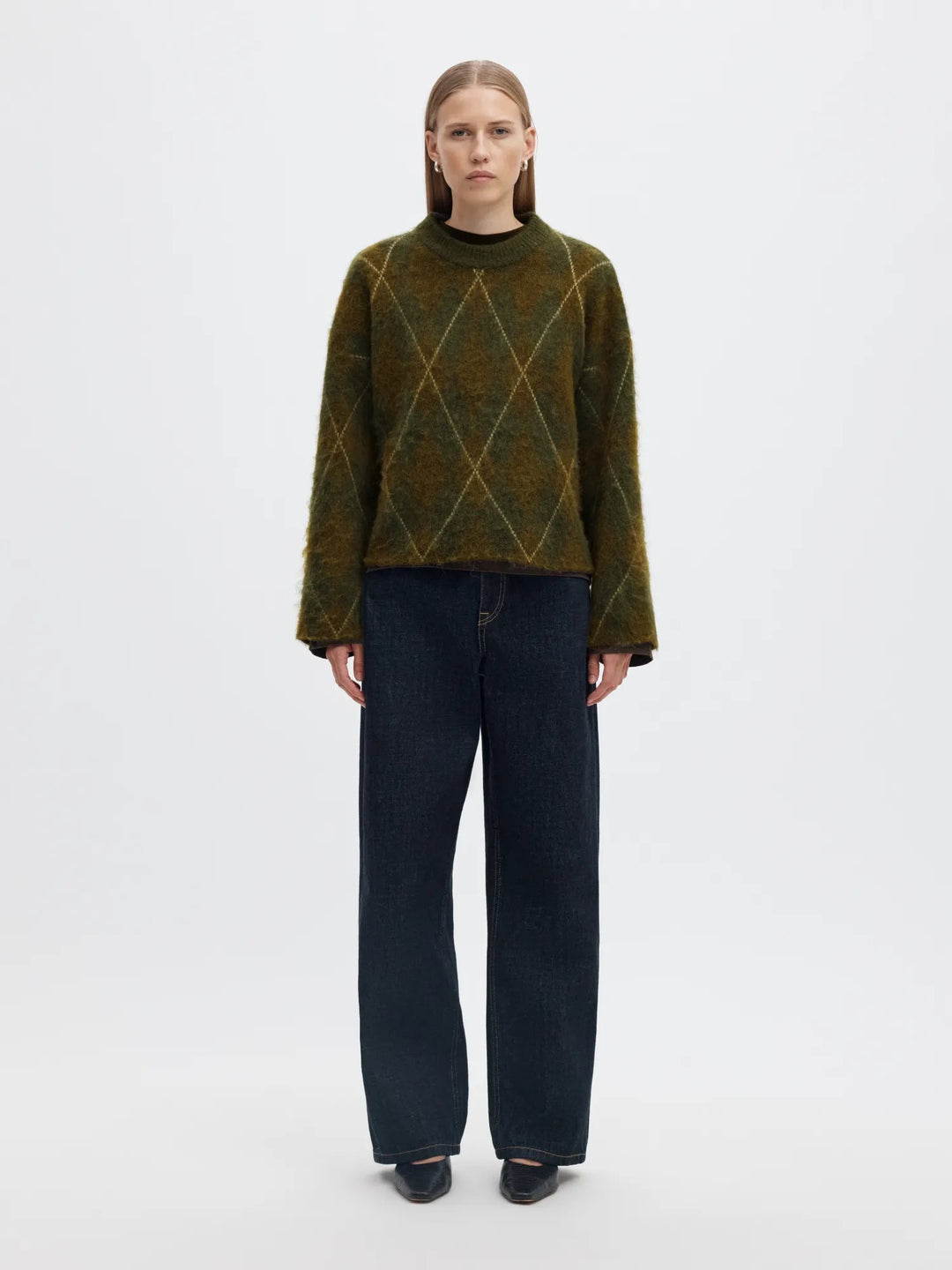 Lulu Brushed Argyle Knit O-Neck Kalamata Fir Green + Birch | Genser | Smuk