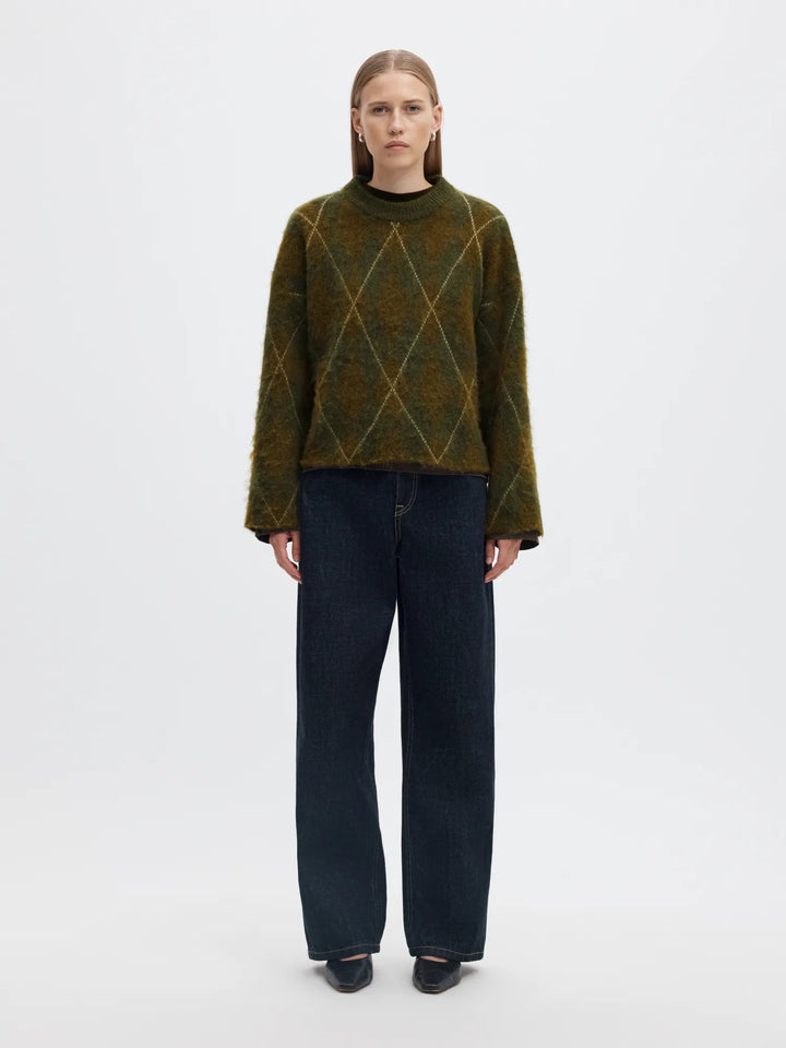 Lulu Brushed Argyle Knit O-Neck Kalamata Fir Green + Birch | Genser | Smuk