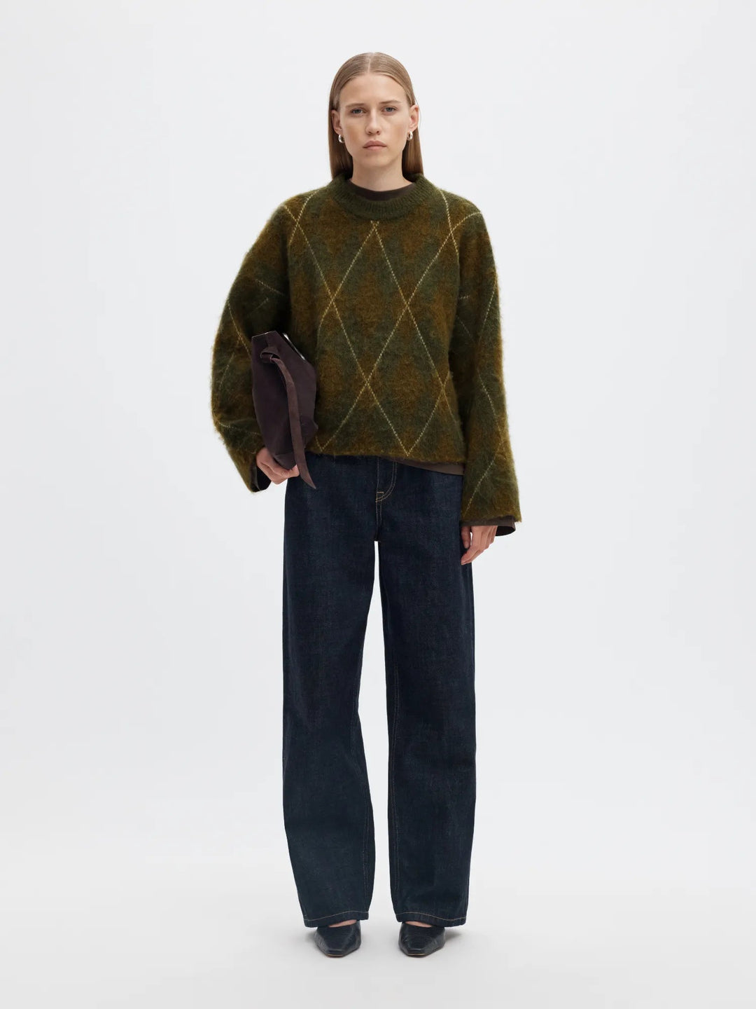 Lulu Brushed Argyle Knit O-Neck Kalamata Fir Green + Birch | Genser | Smuk