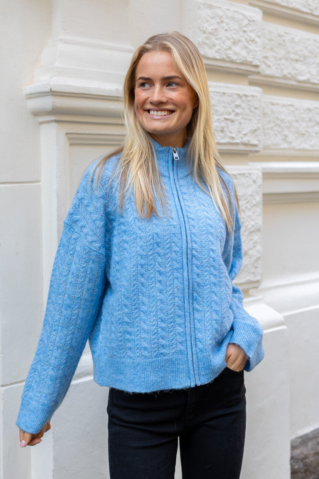 Lulu Cable Ls Knit Zipper Cardigan Blissful Blue Melange | Genser | Smuk