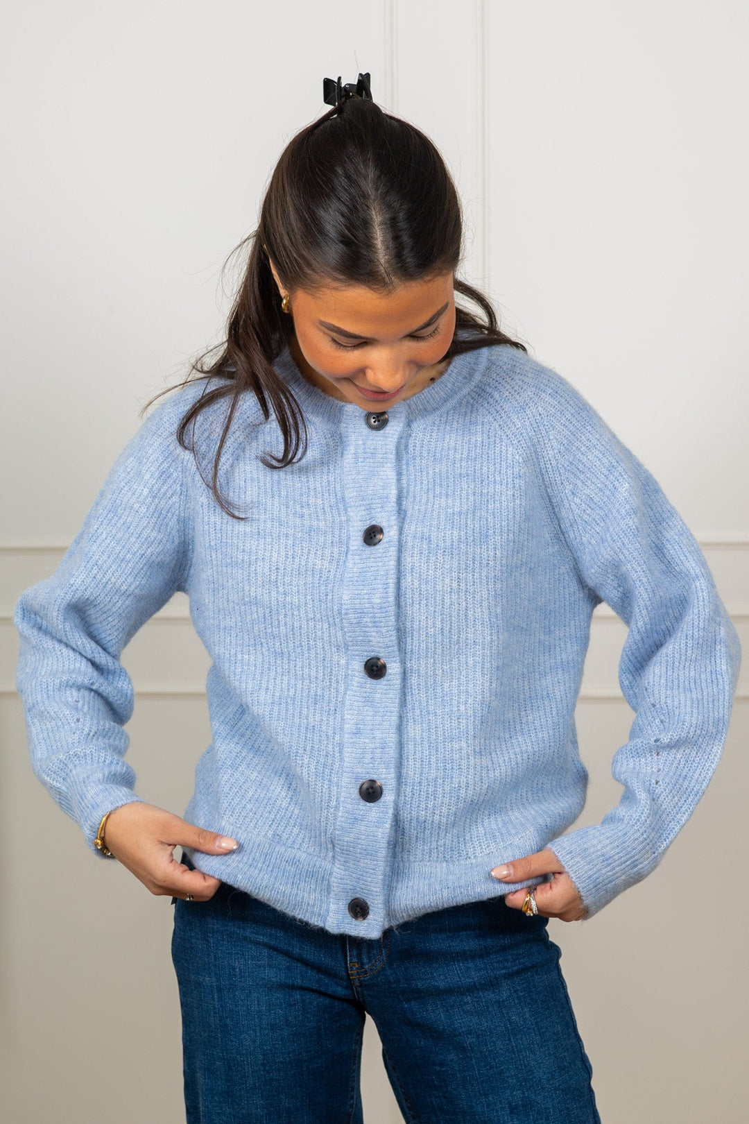 Lulu Ls Knit Short Cardigan B Cashmere Blue Melange | Genser | Smuk