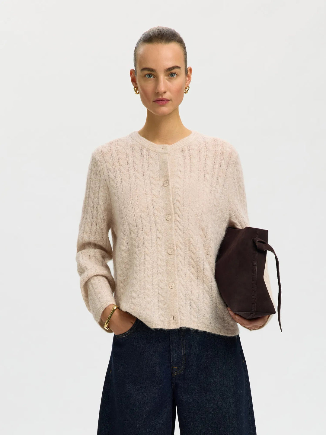 Lulu New Ls Knit Cable Cardigan Birch Melange | Genser | Smuk
