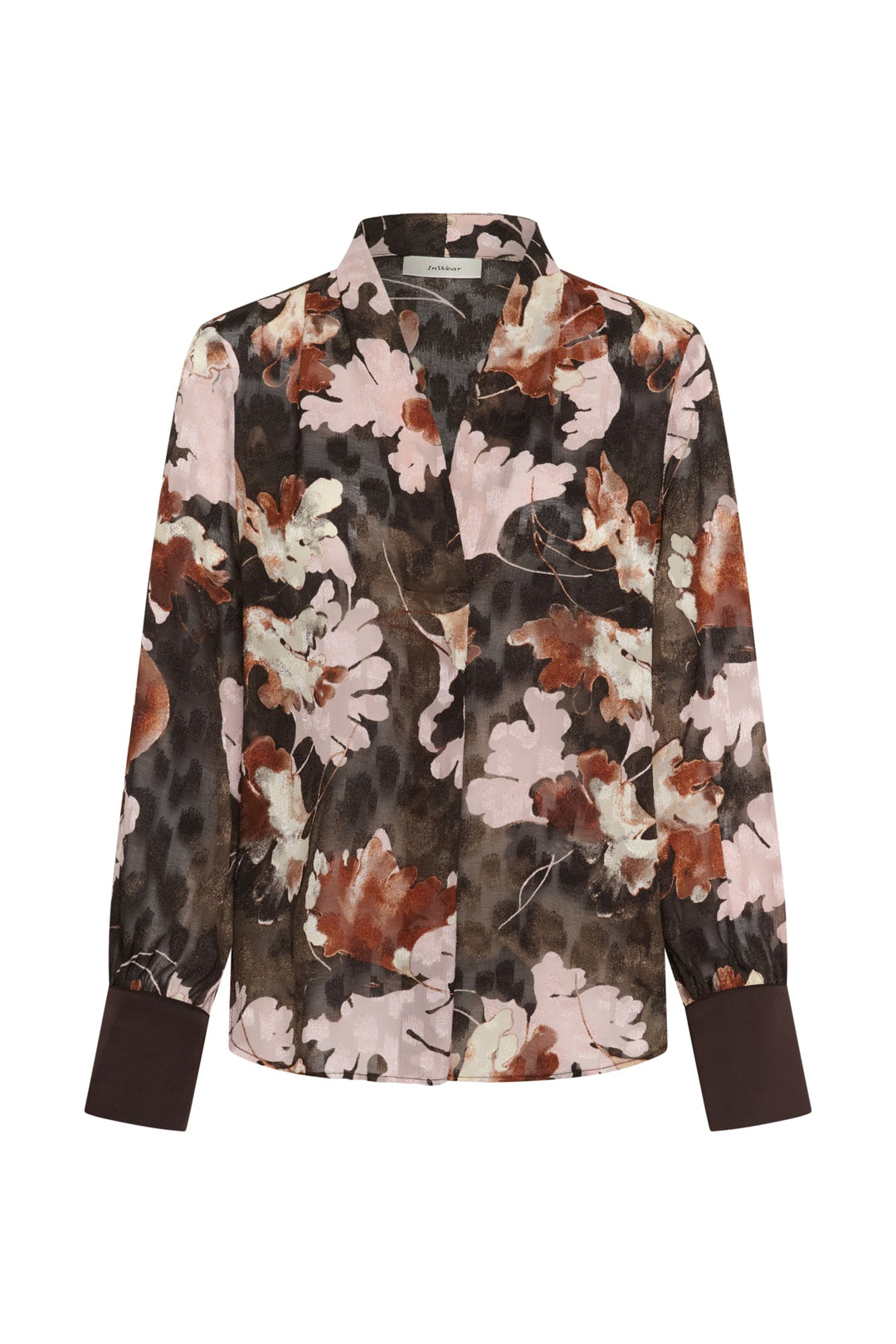 Masoniw V-Neck Blouse Brown W Pink Fall Leaves | Skjorter og bluser | Smuk