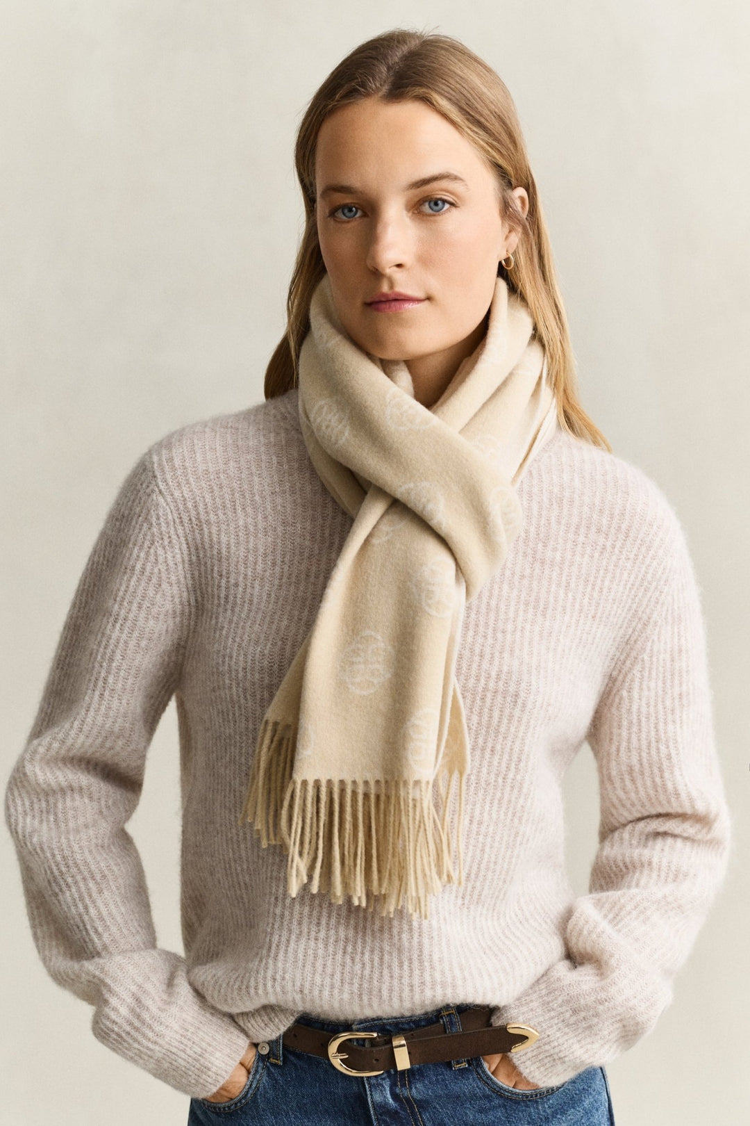 Monogram Wool Scarf Oat Beige | Accessories | Smuk