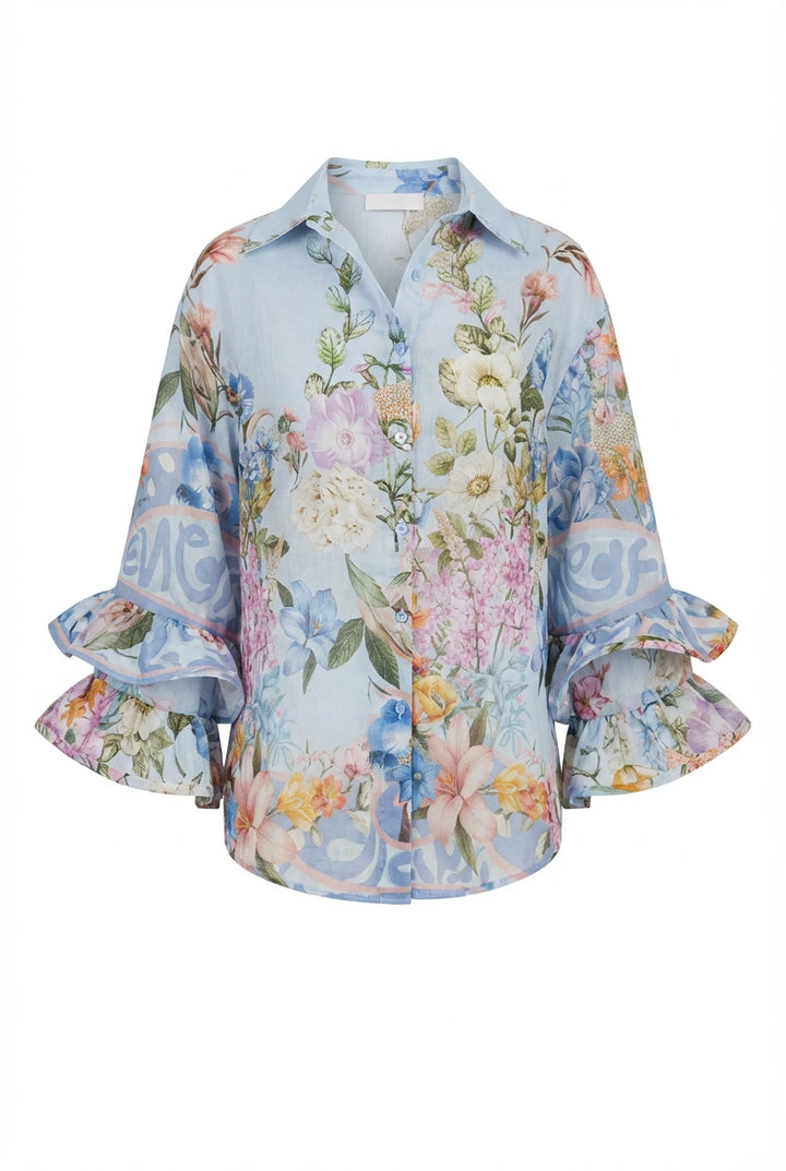 Spring Ruffle Blouse Ligth Blue Flower