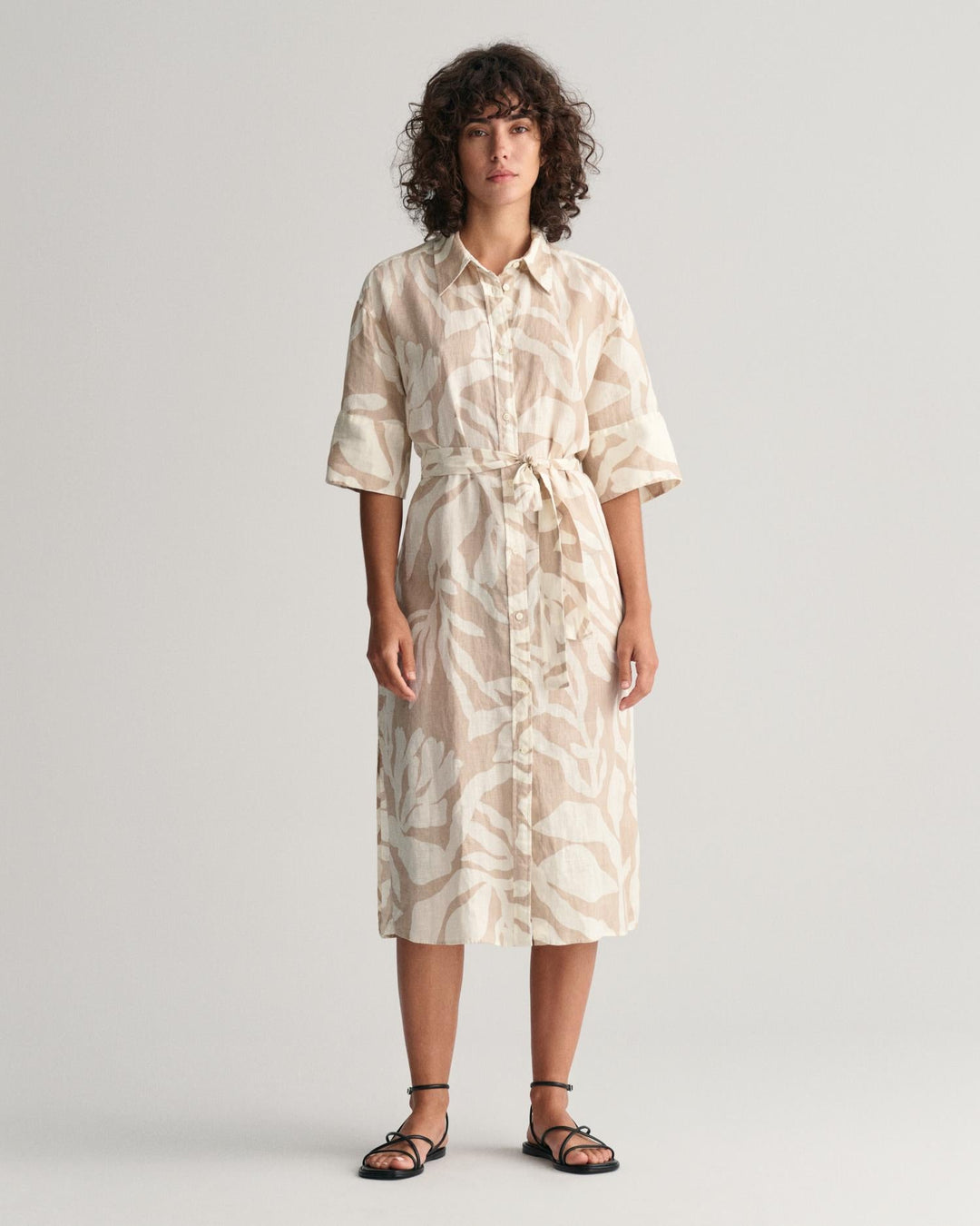 Palm Print Linen Shirt Dress Dry Sand | Kjoler | Smuk - Dameklær på nett