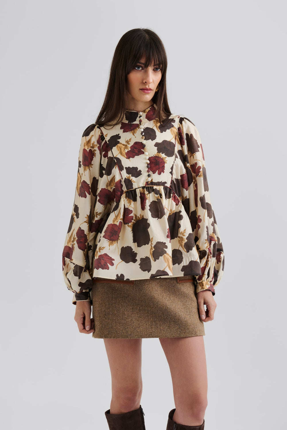 Pernilla High Neck Balloon Sleeve Blouse Wine Peony | Skjorter og bluser | Smuk - Dameklær på nett