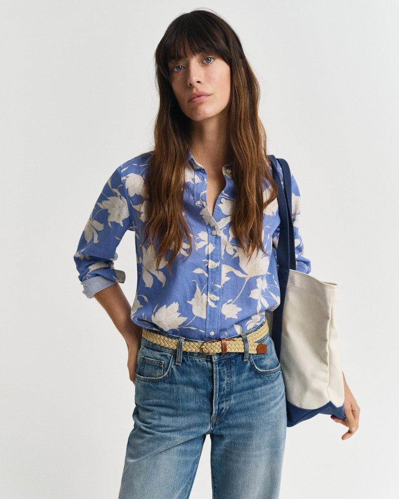 Regular Fit Floral Print Linen Shirt Perfect Blue | Skjorter og bluser | Smuk - Dameklær på nett